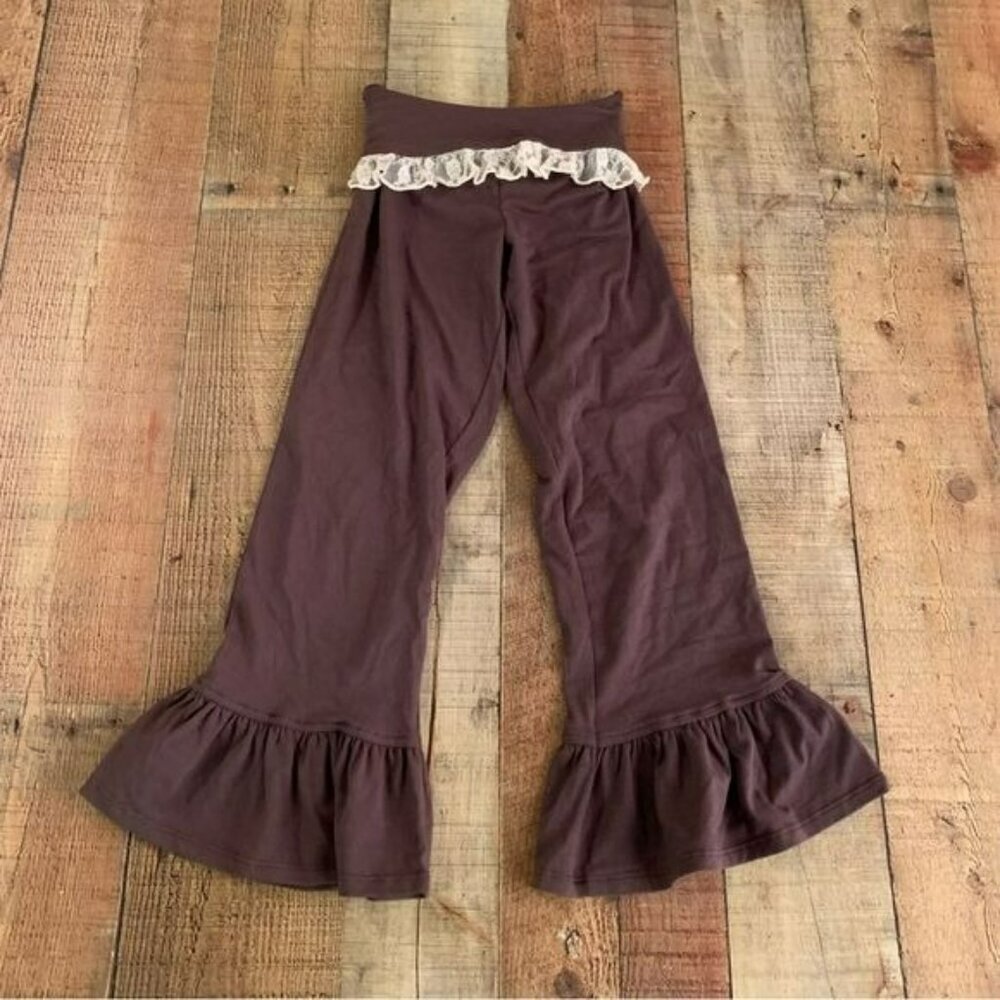 Persnickety girls brown ruffle flared knit pants with lace -7Y